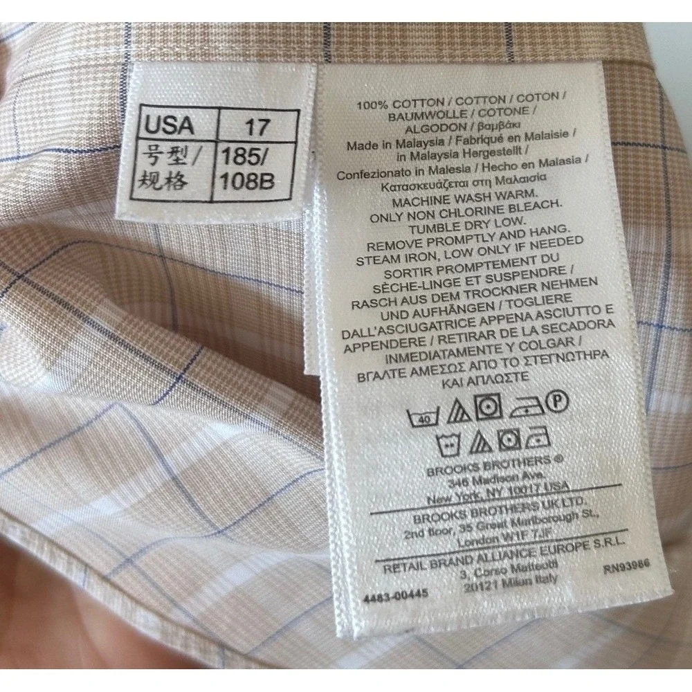 Brooks Brothers 346 Mens‎ Slim Fit Non Iron All Cotton Plaid Dress Shirt 17-6/7